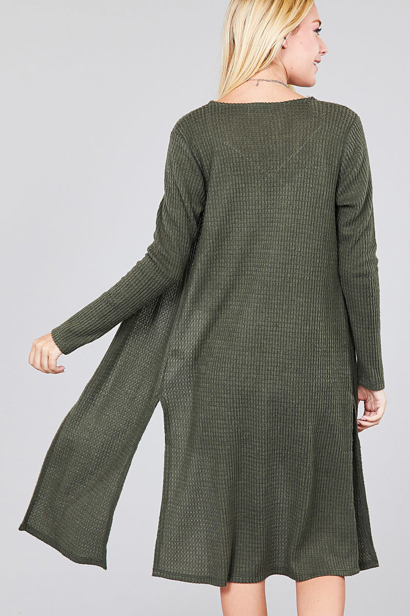 Ladies fashion long sleeve open front side slit midi length brushed waffle cardigan
