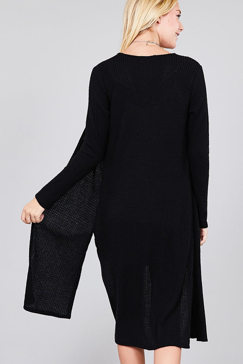 Ladies fashion long sleeve open front side slit midi length brushed waffle cardigan