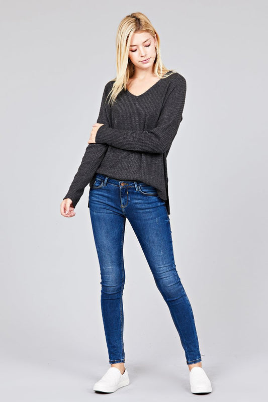 Ladies fashion long dolmen sleeve v-neck brushed waffle knit top