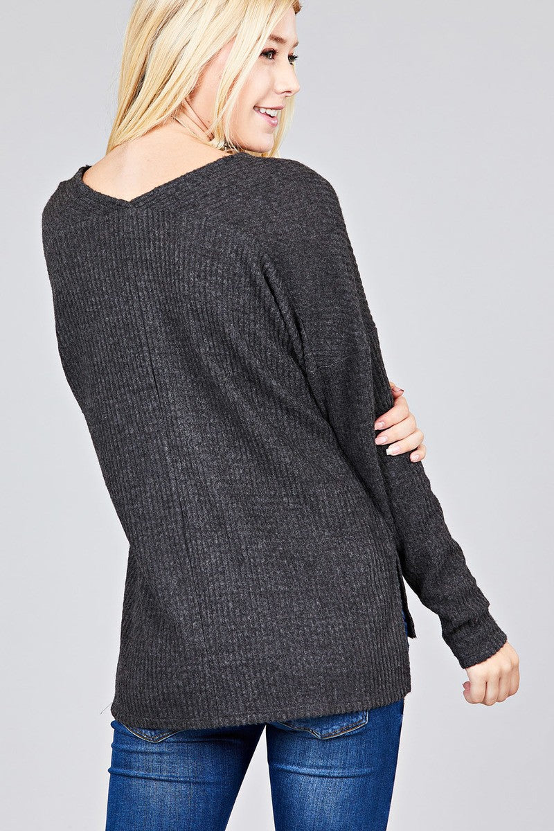 Ladies fashion long dolmen sleeve v-neck brushed waffle knit top