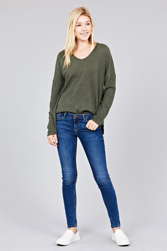 Ladies fashion long dolmen sleeve v-neck brushed waffle knit top