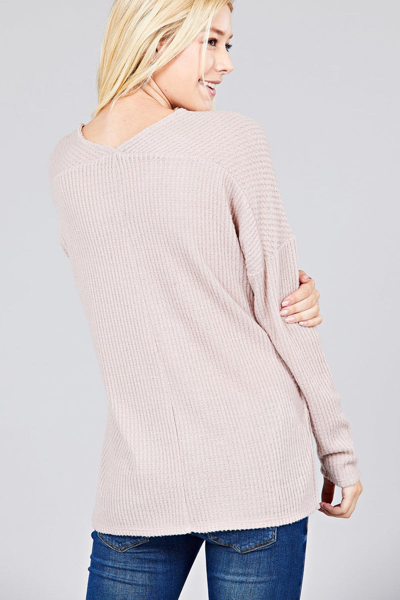 Ladies fashion long dolmen sleeve v-neck brushed waffle knit top