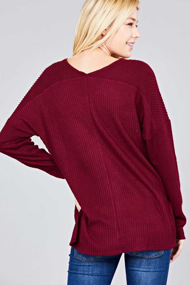 Ladies fashion long dolmen sleeve v-neck brushed waffle knit top