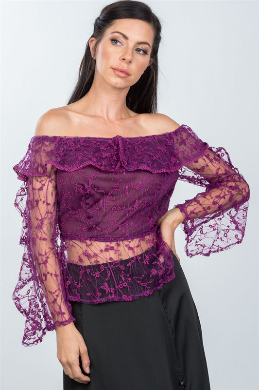 Ladies fashion sheer floral textured off the shoulder top