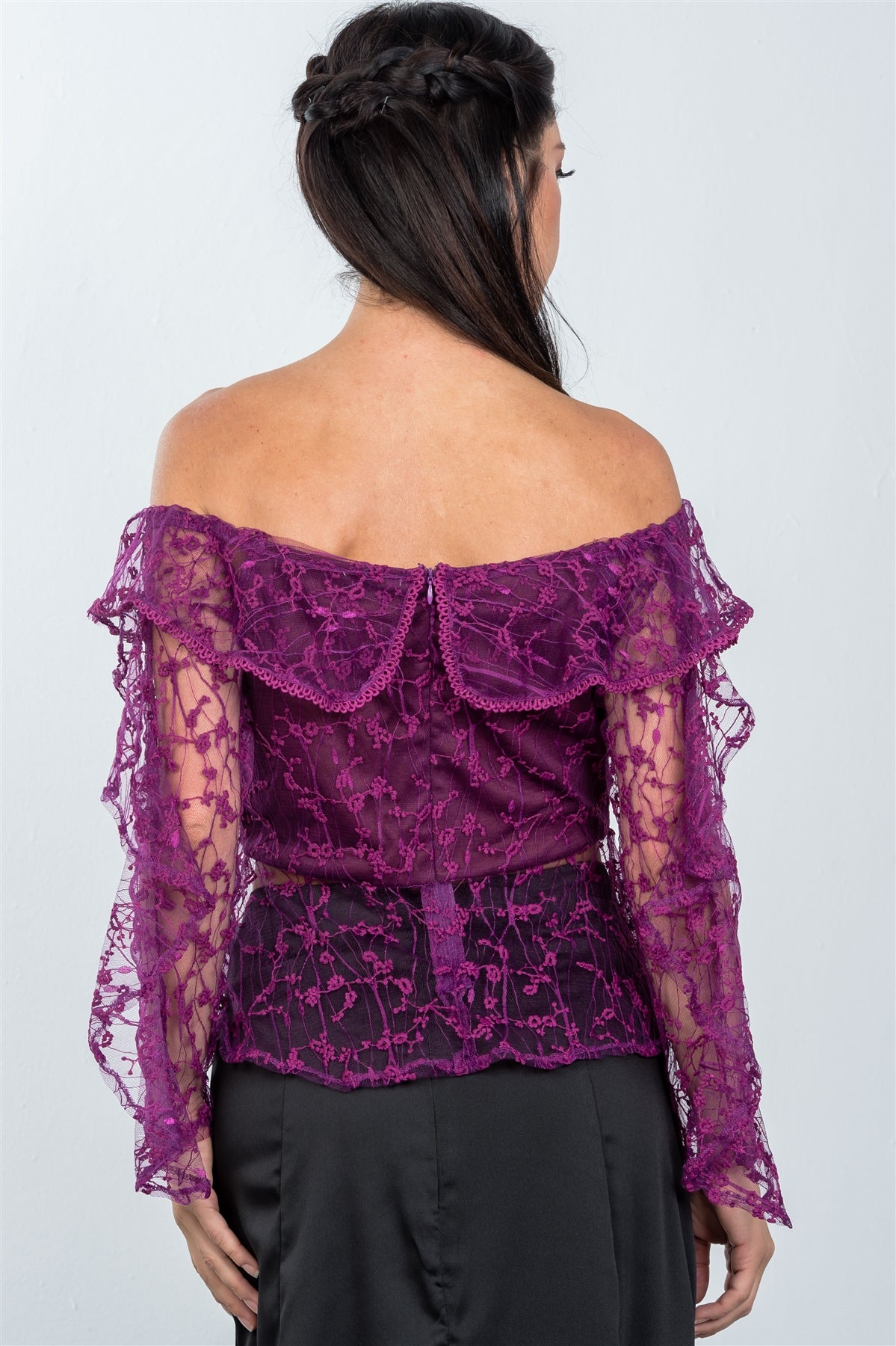 Ladies fashion sheer floral textured off the shoulder top