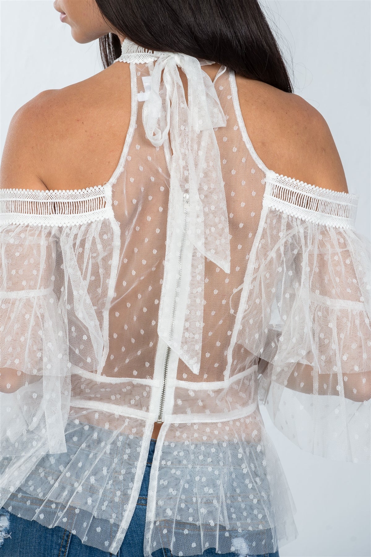 Ladies fashion boho off white sheer dot cold shoulder ruffle top