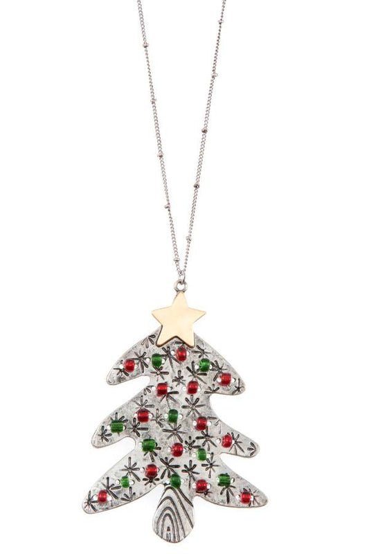 Beaded christmas tree long necklace set