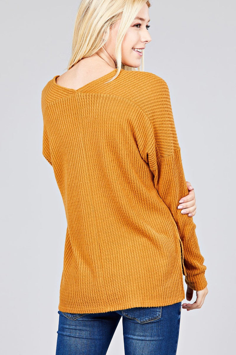 Ladies fashion plus size long dolmen sleeve v-neck brushed waffle knit top