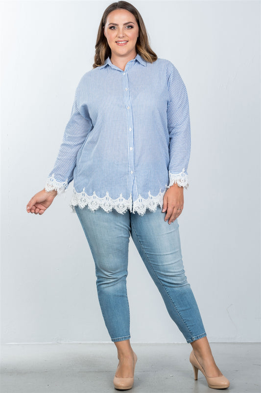 Ladies fashion plus size boho stripe crochet-hem button-up shirt
