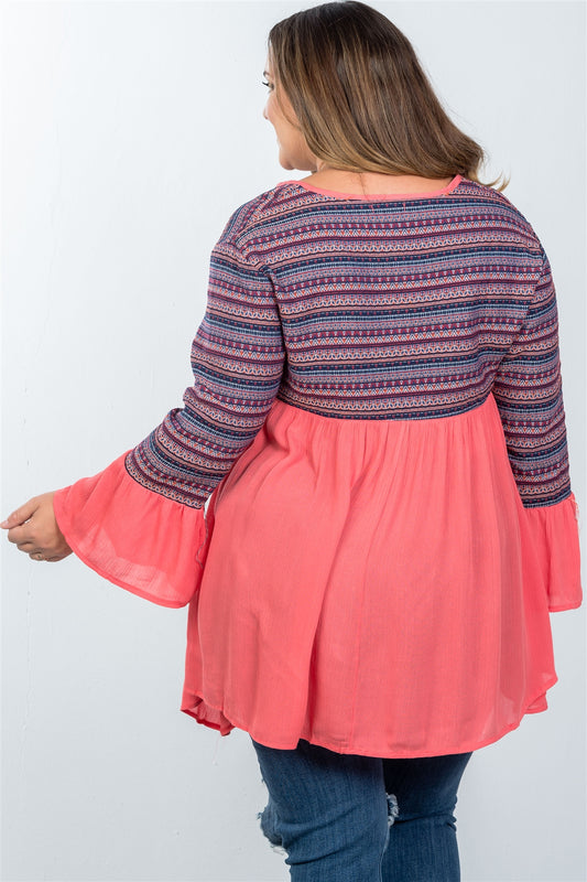 Ladies fashion plus size boho coral tassel tie tribal bell sleeves top