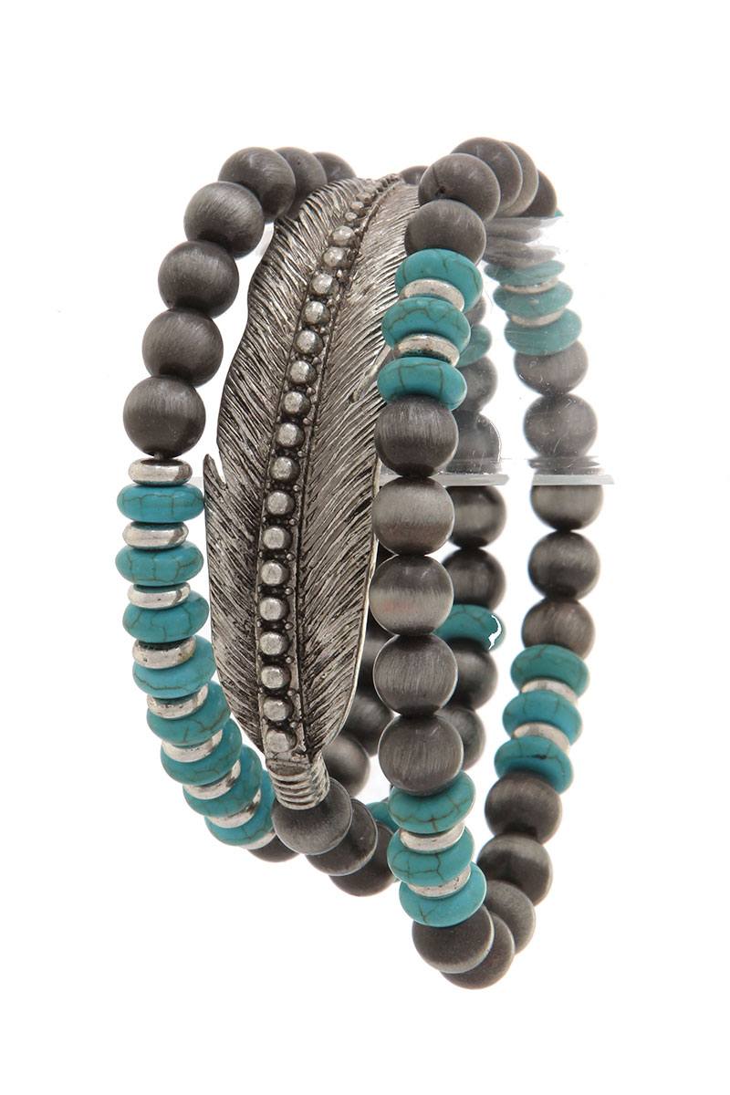 Rhinestone feather beaded stretch bracelet