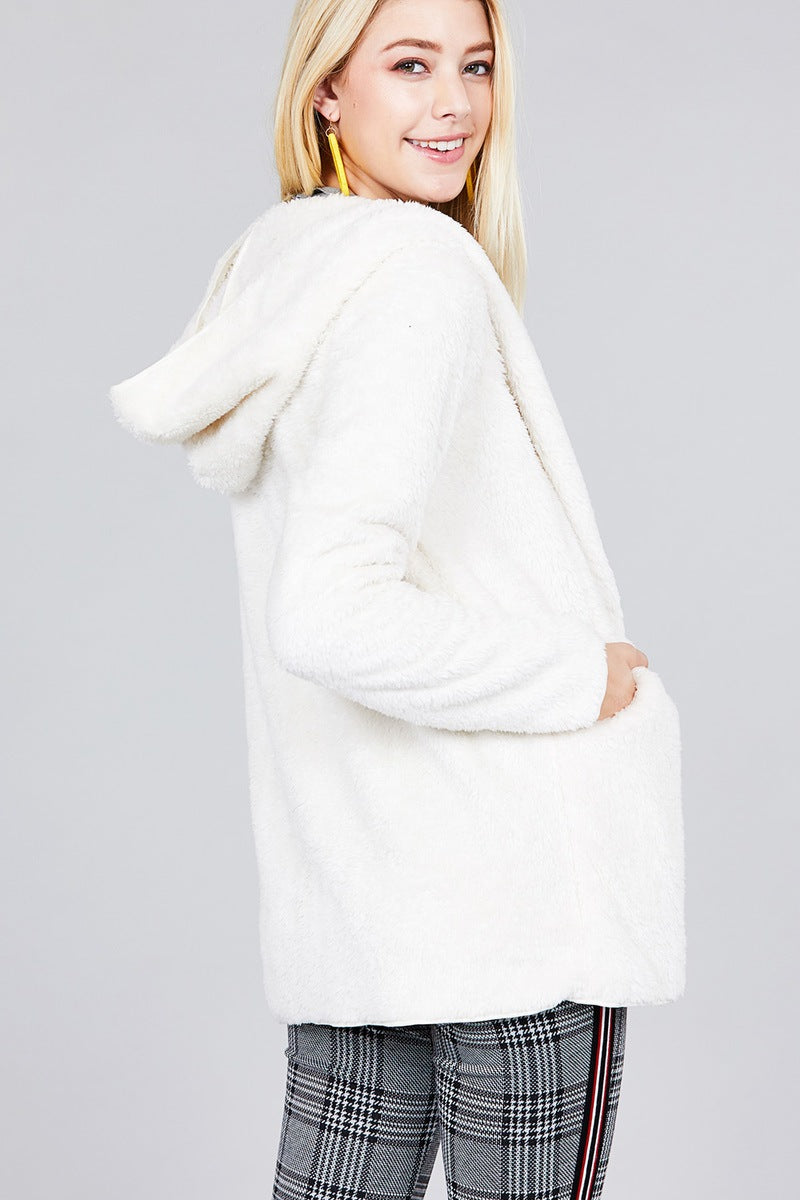 Ladies fashion long sleeve open front w/hoodie faux fur fluffy jacket