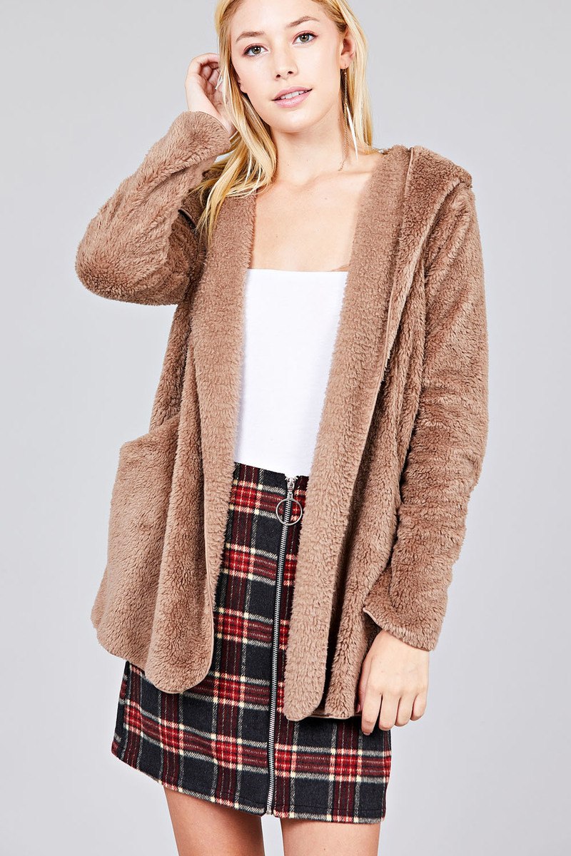 Ladies fashion long sleeve open front w/hoodie faux fur fluffy jacket