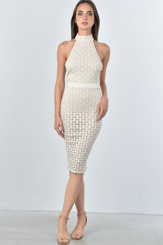 Ladies fashion mesh hole bodysuit and midi skirt two piece set