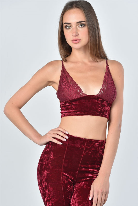 Ladies fashion velvet lace crop top and calf-length pants two piece set