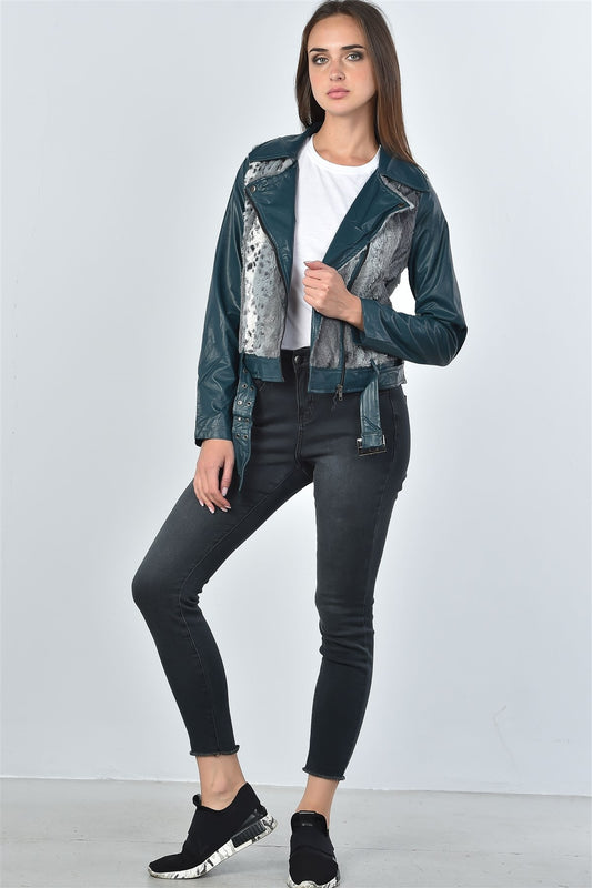 Ladies fashion teal faux fur-trim moto jacket