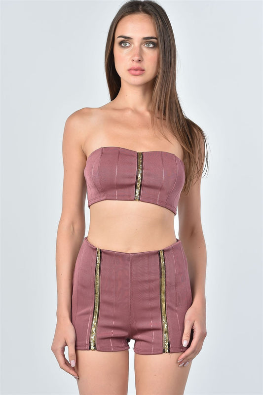 Ladies fashion trim crop top and shorts two piece set