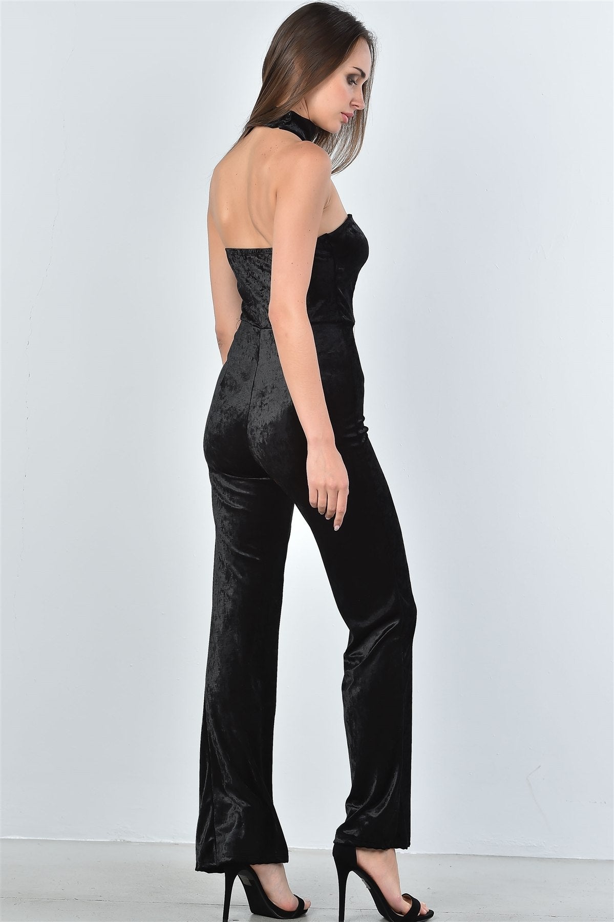 Ladies fashion black velvet plunging neck choker velvet jumpsuit