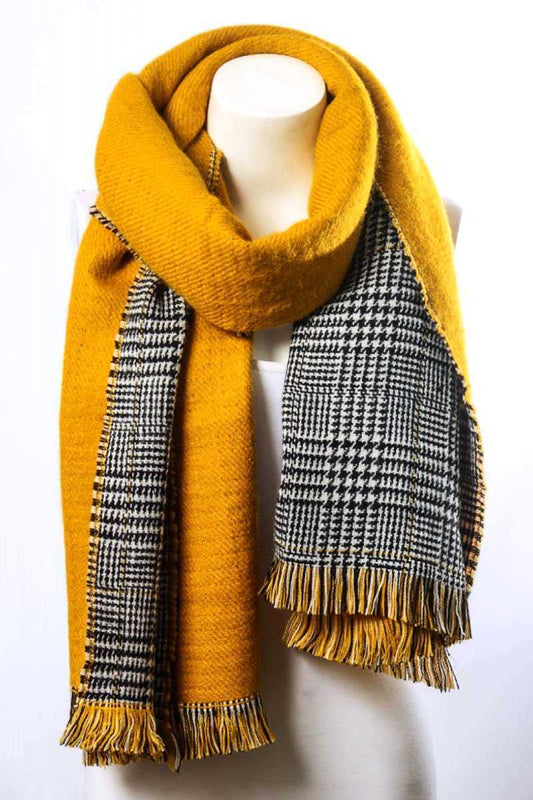 Reversible hounds tooth solid frayed border scarf