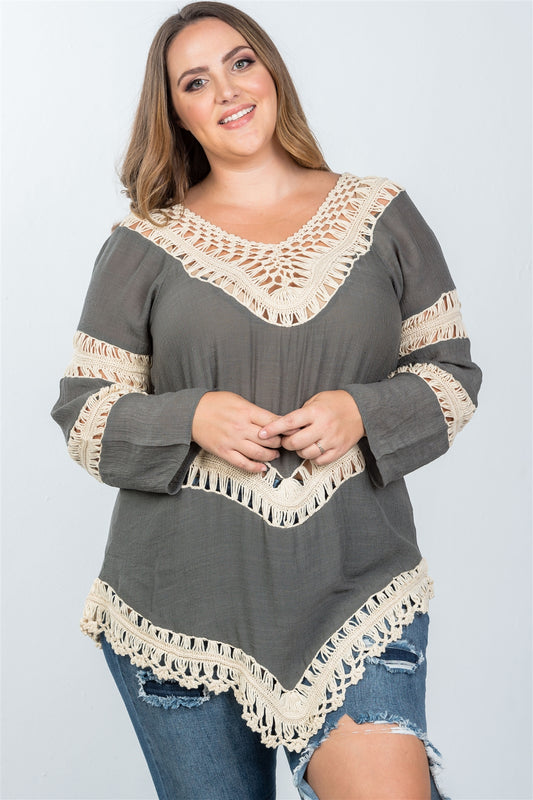 Ladies fashion plus size boho open contrast crochet top