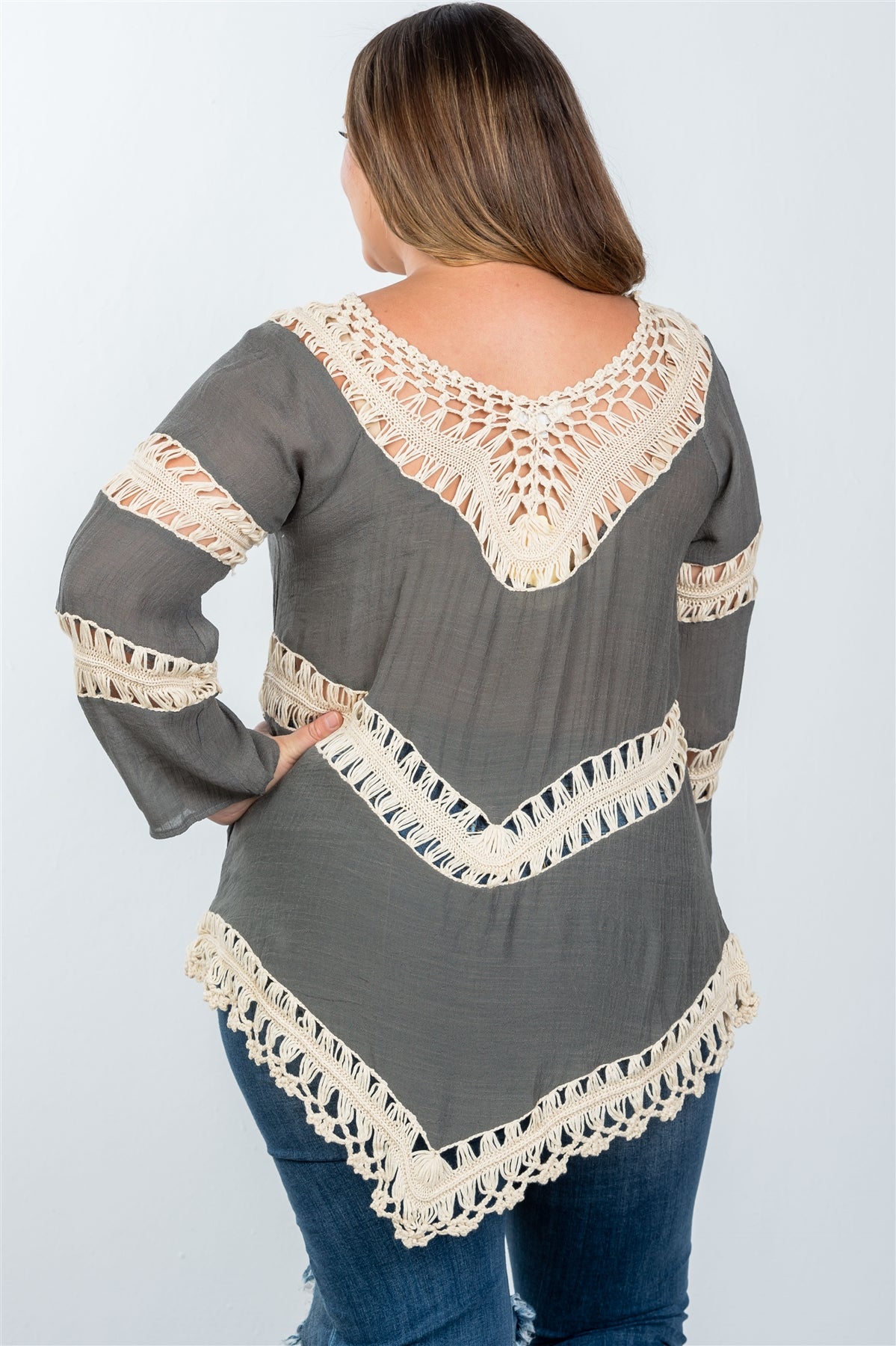 Ladies fashion plus size boho open contrast crochet top