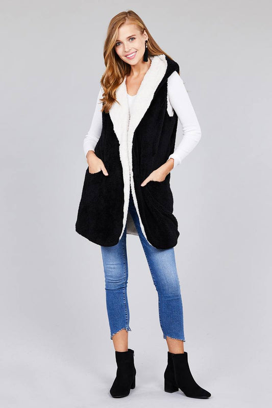 Ladies fashion plus size open front w/hoodie faux fur soft fluffy vest