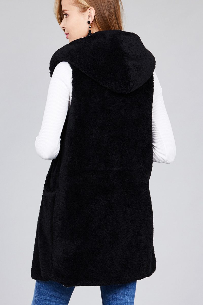 Ladies fashion plus size open front w/hoodie faux fur soft fluffy vest