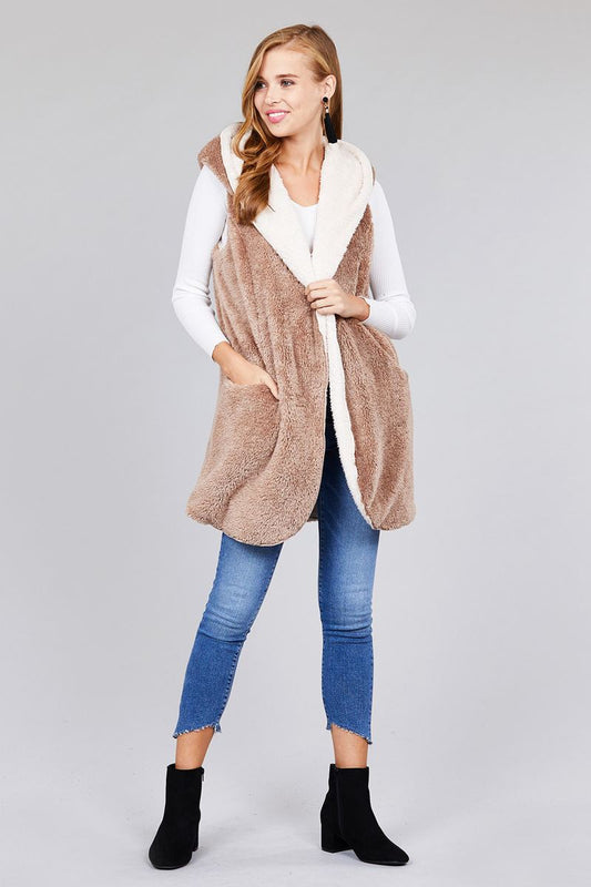 Ladies fashion plus size open front w/hoodie faux fur soft fluffy vest