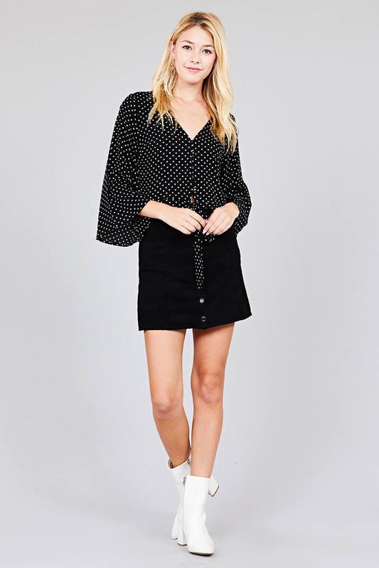 Ladies fashion plus size 3/4 bell sleeve v-neck w/button front tie detail dot printed crinkle gauze woven top