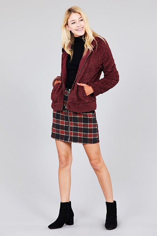 Ladies fashion plus size hoodie side pocket faux fur zip-up jacket