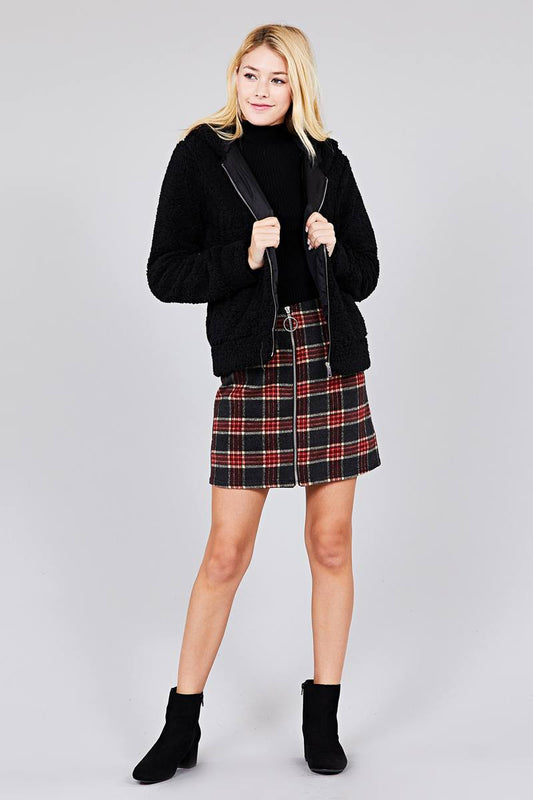 Ladies fashion plus size hoodie side pocket faux fur zip-up jacket