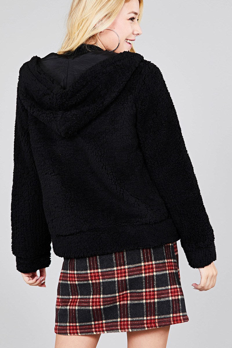 Ladies fashion plus size hoodie side pocket faux fur zip-up jacket