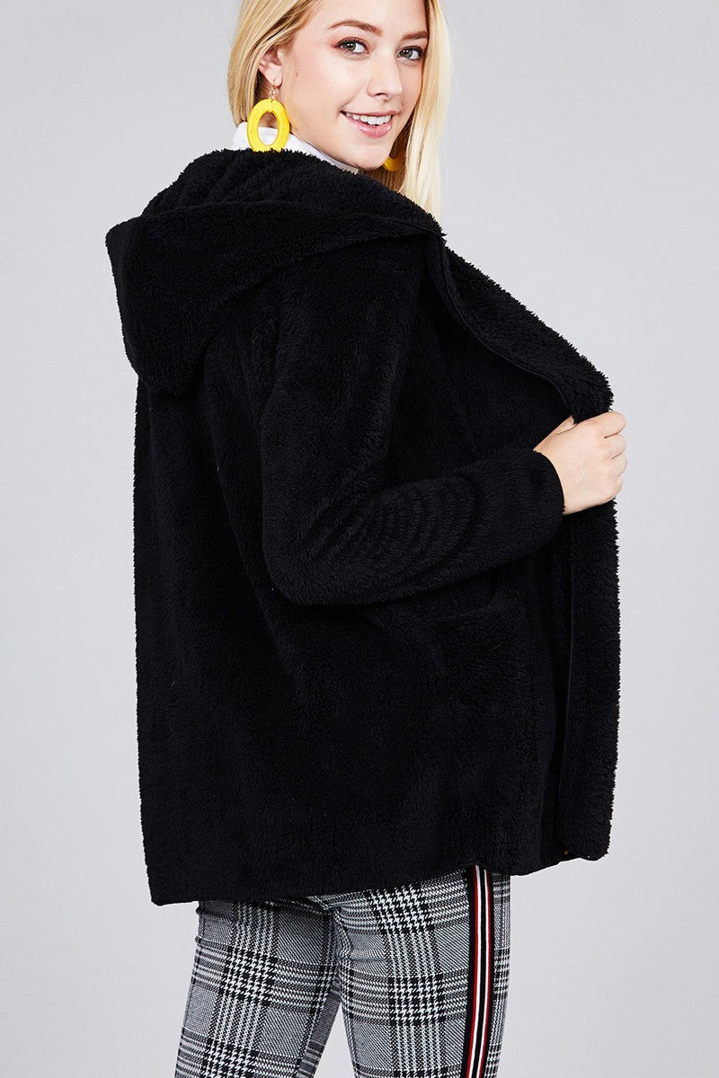 Ladies fashion plus size long sleeve open front w/hoodie faux fur fluffy jacket