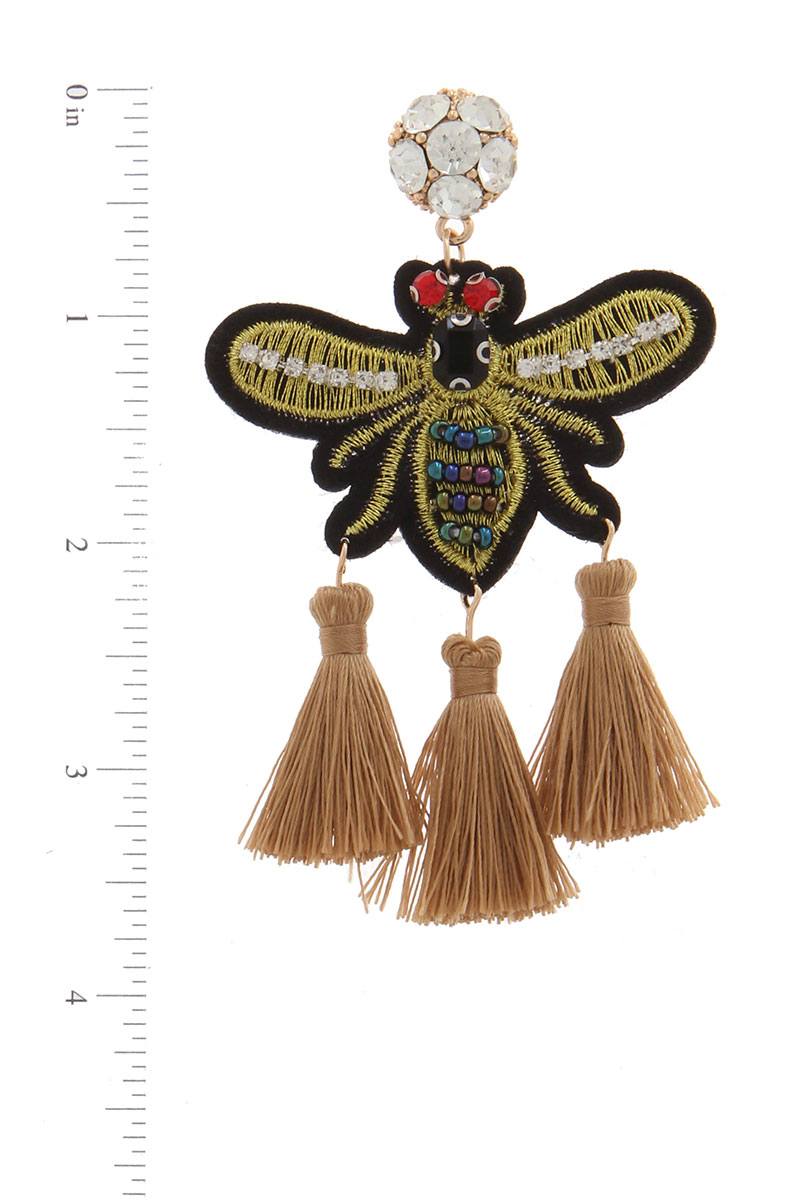 Rhinestone embroidered insect tassel post drop earring