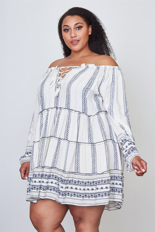 Ladies fashion plus size off the shoulder lace-up boho mini dress