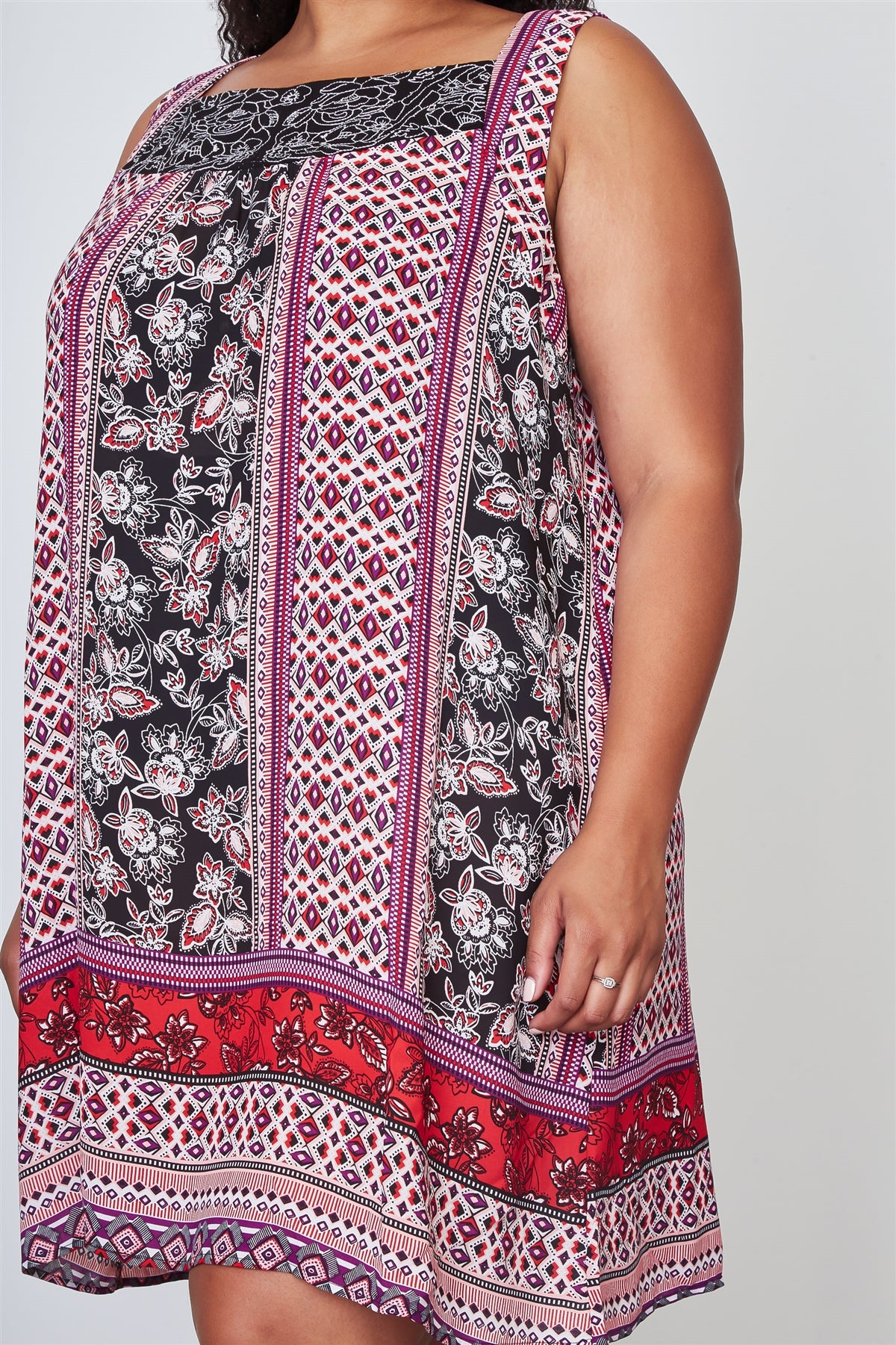 Ladies fashion plus size boho floral mix print sleeveless dress