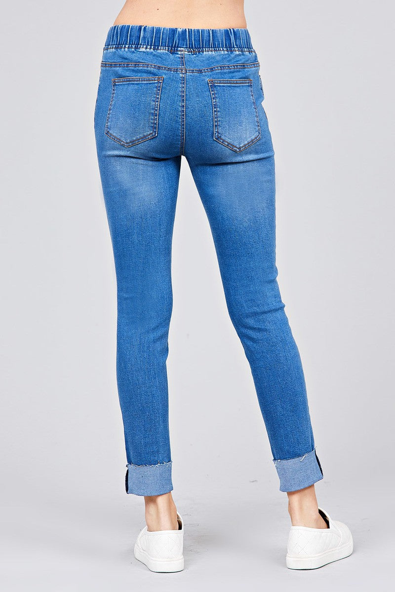 Ladies fashion plus size waist drawstring roll cuff detail washed denim jogger skinny pants