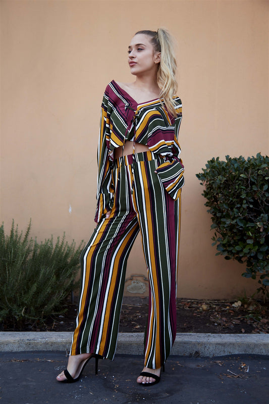 Ladies fashion multi stripe print two piece set