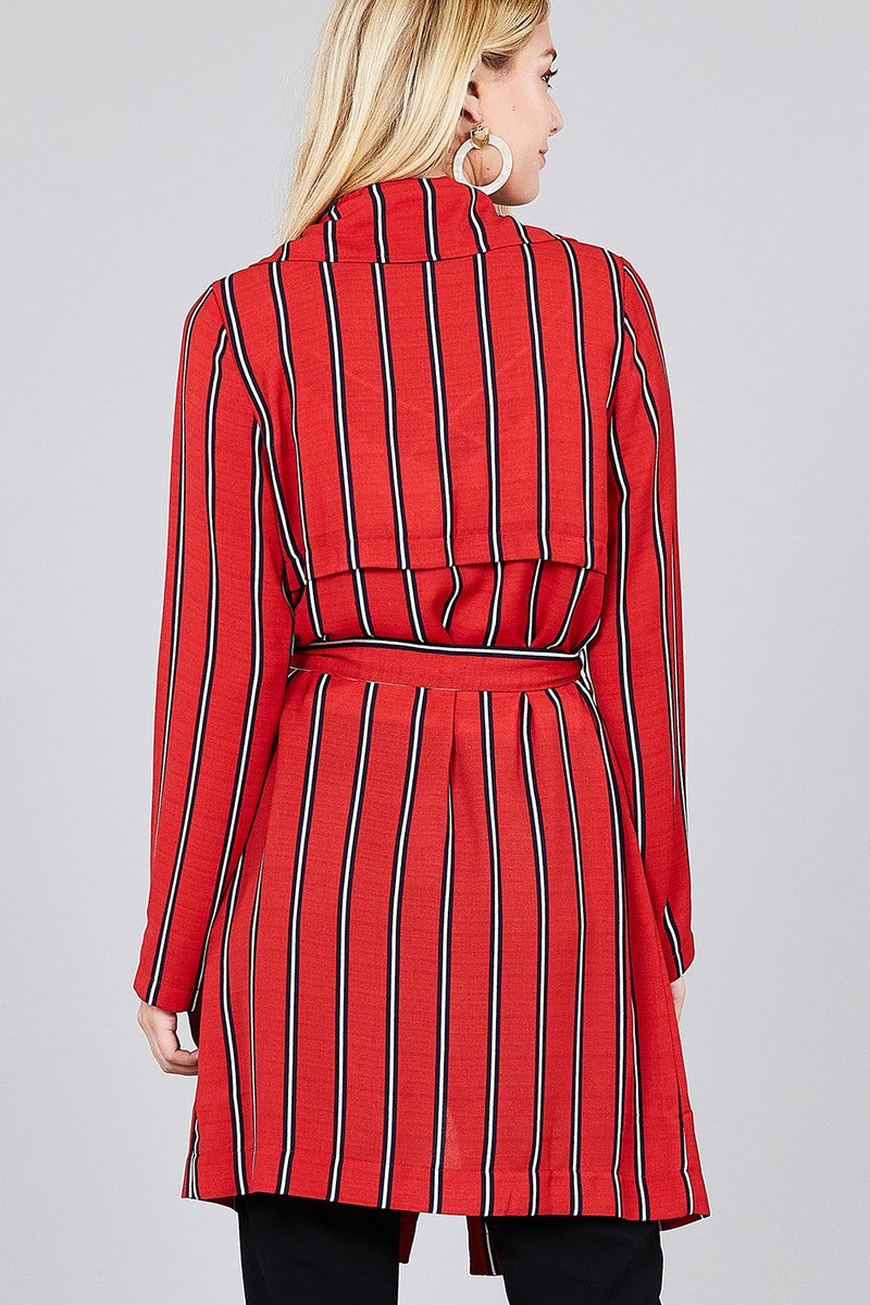 Ladies fashion long sleeve notched collar w/waist belt multi striped long woven jacket