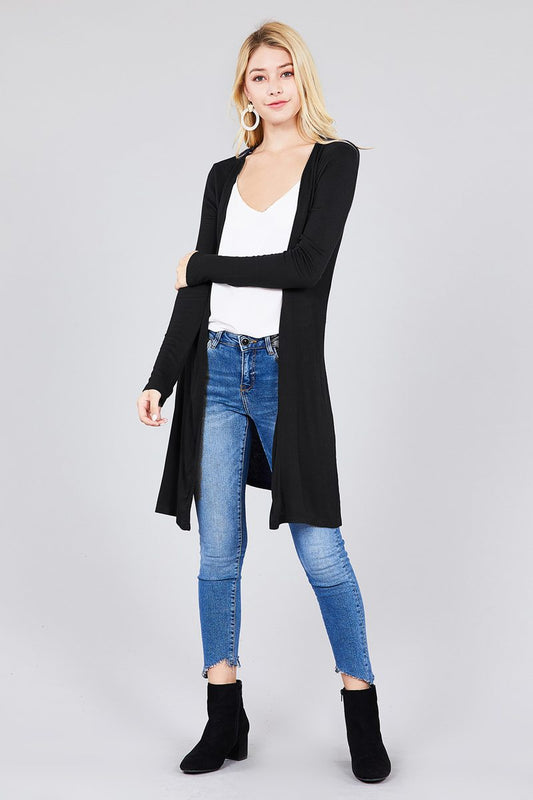 Ladies fashion long sleeve open front side slit tunic length rayon spandex rib cardigan