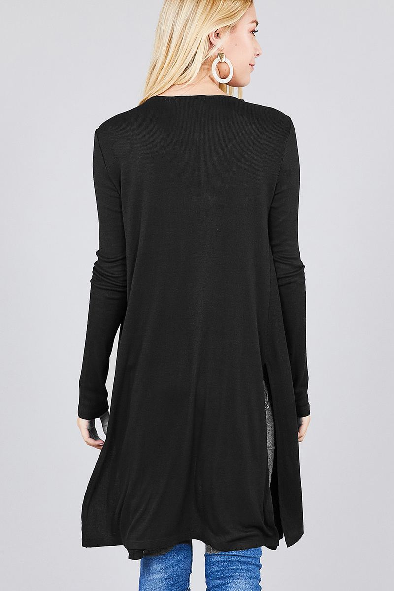 Ladies fashion long sleeve open front side slit tunic length rayon spandex rib cardigan
