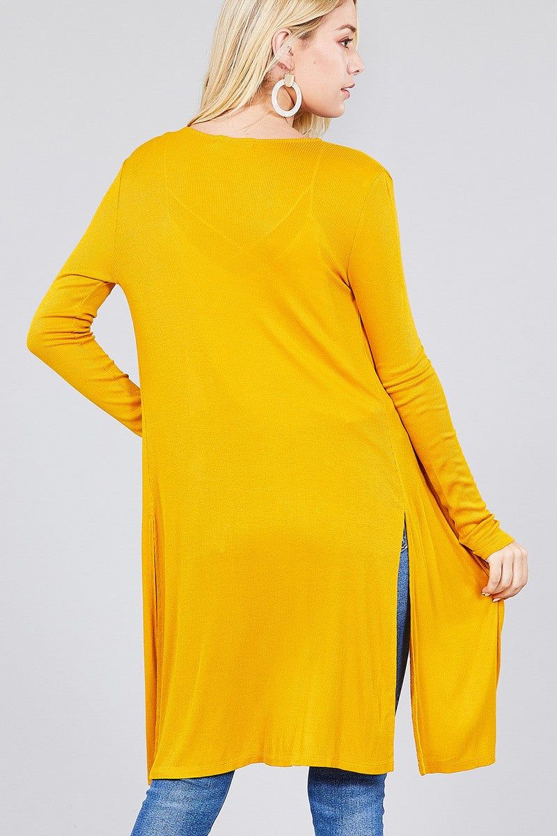 Ladies fashion long sleeve open front side slit tunic length rayon spandex rib cardigan