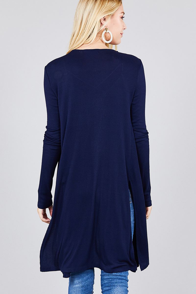 Ladies fashion long sleeve open front side slit tunic length rayon spandex rib cardigan