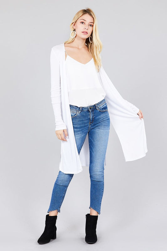 Ladies fashion long sleeve open front side slit tunic length rayon spandex rib cardigan