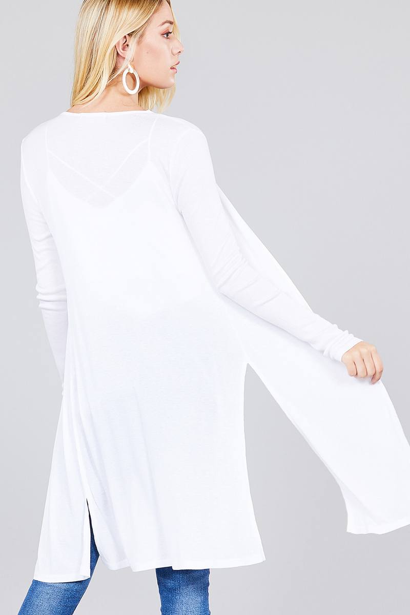 Ladies fashion long sleeve open front side slit tunic length rayon spandex rib cardigan