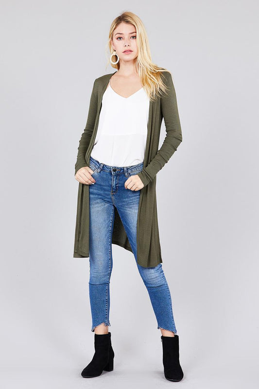 Ladies fashion long sleeve open front side slit tunic length rayon spandex rib cardigan