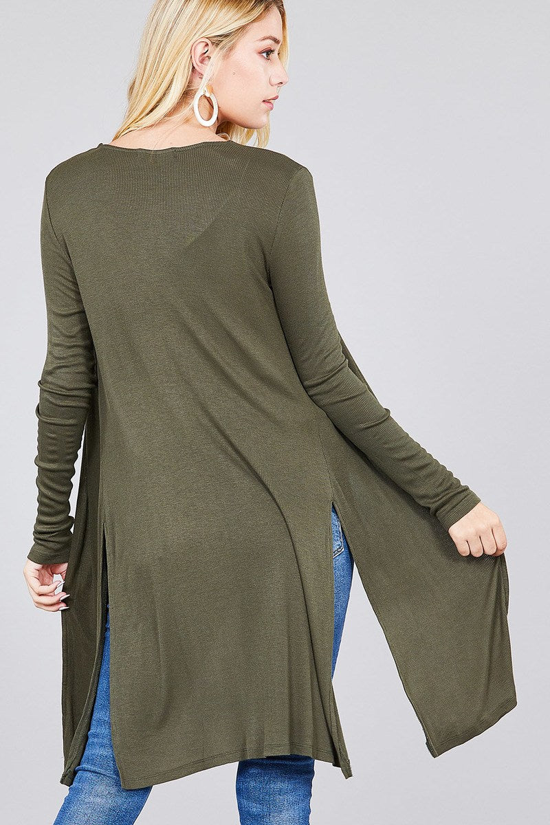Ladies fashion long sleeve open front side slit tunic length rayon spandex rib cardigan