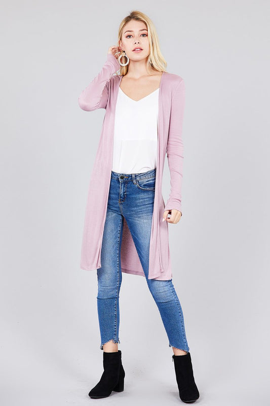 Ladies fashion long sleeve open front side slit tunic length rayon spandex rib cardigan