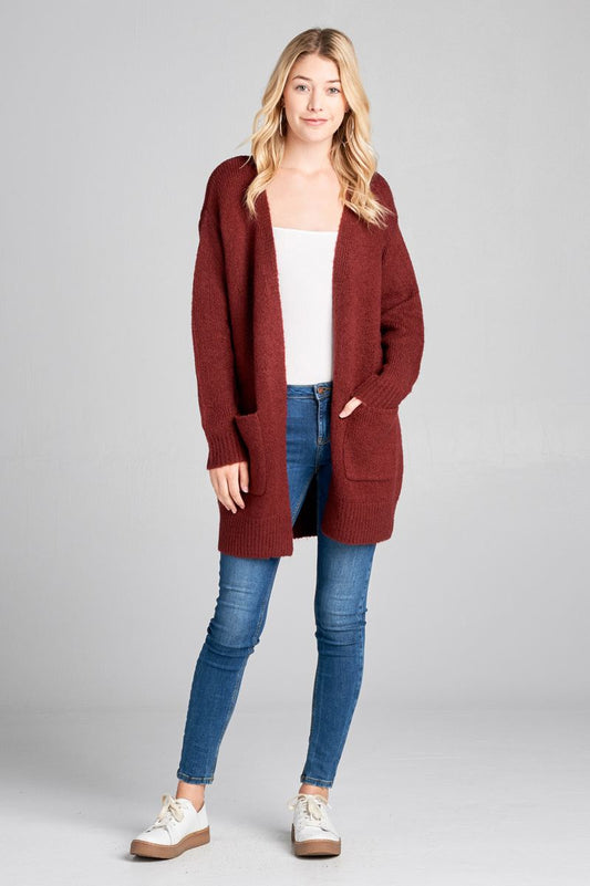 Ladies fashion long sleeve open front w/pocket tunic sweater cardigan