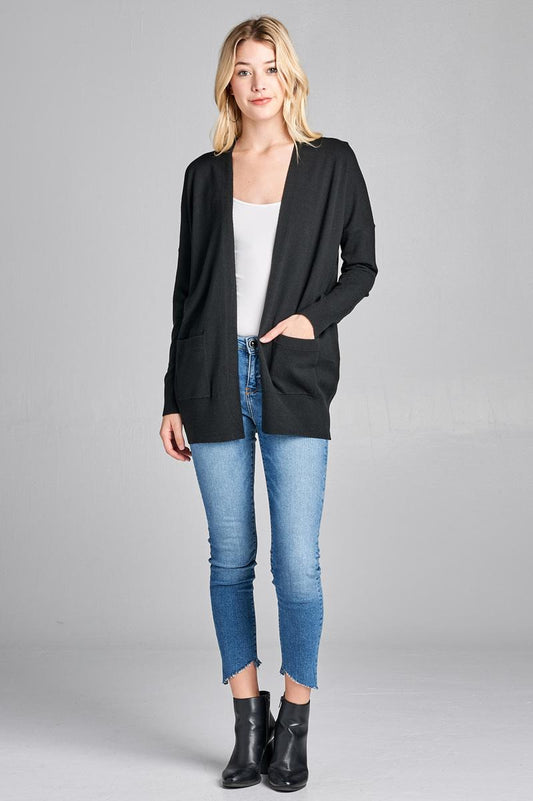 Ladies fashion long dolmen sleeve open front w/pocket sweater cardigan